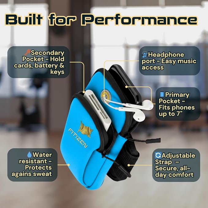 Fitizen Phone Armband for Running – Sky Blue Adjustable Water-Resistant Arm Band for iPhone & Android – for The Active Citizen, Secure Workout Phone Holder for Jogging, Gym, & Walking by FitNation