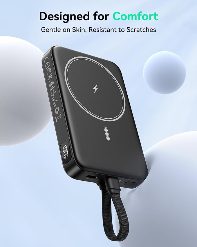 GREPRO Magnetic Portable Charger Power Bank,10000mAh Battery Pack for Magsafe,22.5W Fast Charging Power Bank with Built in USB C Cable,LCD Display,Wireless Charger for iPhone 17/16/15/14/13/12 Series