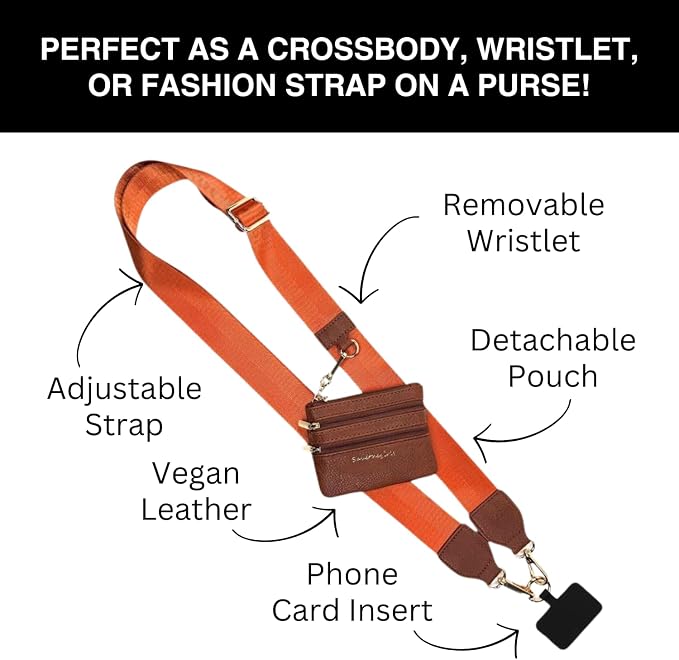 Save the Girls Clip and Go Phone Strap Solid (Brown - Brown Pouch) - Crossbody Phone Strap Chain with Zipper Wallet Pouch – Phone Lanyard with Zippered Pouch