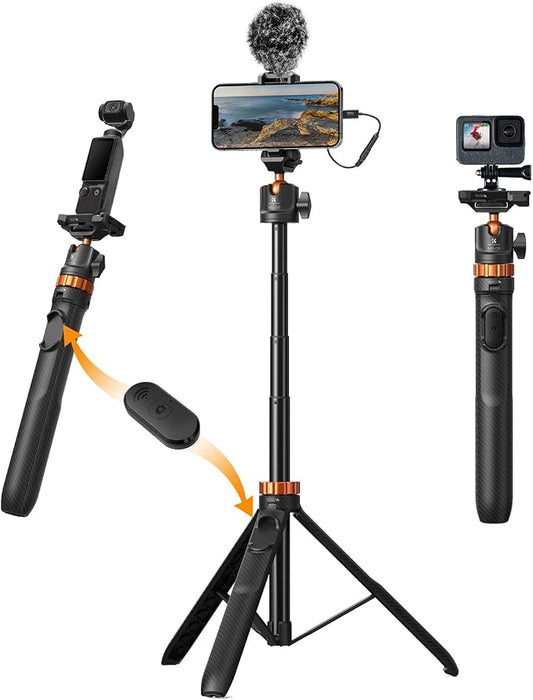 K&F CONCEPT 62'' Phone Selfie Stick Tripod, 2-in-1 Extendable Cell Phone Tripod Stand with Remote, 360° Ball Head Camera Tripod Compatible with DJI Osmo Pocket3 Action 6/5Pro GoPro 13/12 iPhone.