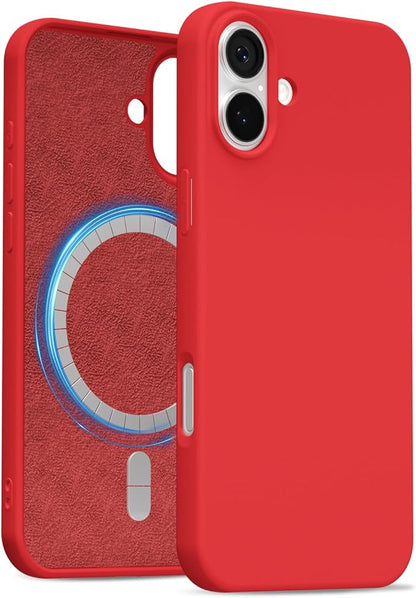for iPhone 16 Plus Case Silicone Compatible with Magsafe Case, Ultra Slim Thin Magnetic Phone Cases Mag Safe, Cute Soft Rubber Gel TPU Matte Plain Wireless Charging Cover for Women, Red