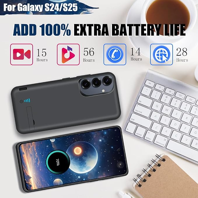 Battery Case for Samsung Galaxy S25 / S24, 5000mAh Rechargeable Extended Battery Charging Charger Case, Add 100% Extra Juice, Not Compatible with S25+ or S25 Ultra (6.2 Inches) Black