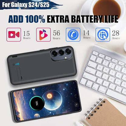 Battery Case for Samsung Galaxy S25 / S24, 5000mAh Rechargeable Extended Battery Charging Charger Case, Add 100% Extra Juice, Not Compatible with S25+ or S25 Ultra (6.2 Inches) Black