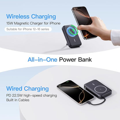 2026 Latest Portable Charger, 10000mAh Magnetic Wireless Power Bank with 2 Built in Cables, LED Display Battery Pack Travel Essentials for iPhone 17/16/15/14/13/Pro/Mini/Pro Max Andriod
