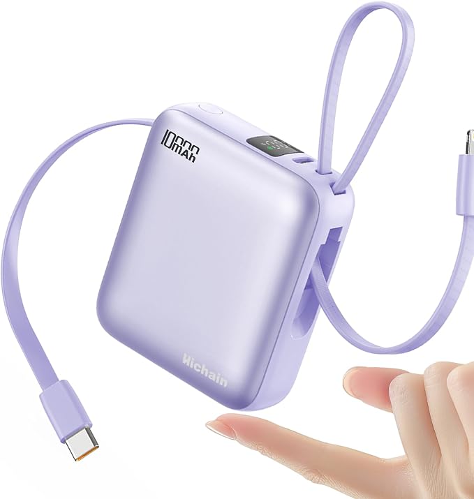 10000mAh Small Portable Charger with Built in Cables LED Display Purple | Mini Power Bank 22.5W USB-C Fast Charging Battery Pack, Travel Essential Power Bank for iPhone, iPad, Samsung, Android