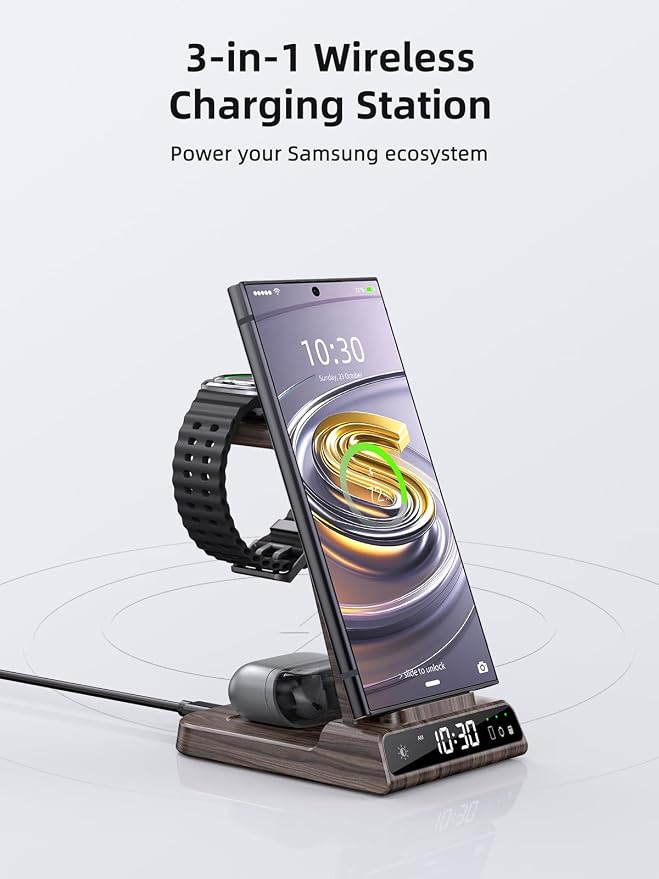 Wireless Charger Samsung Charging Station: 3 in 1 Android Charging Stand with Dimmable Clock - Nightstand Organizer for Galaxy S25 S24 Ultra, Galaxy Watch 8 7 6 5 4, Galaxy Buds, Space-Saving Charger