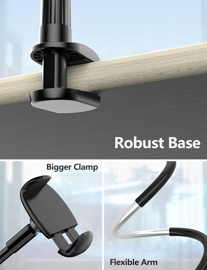Tryone Gooseneck Phone Holder Hands-Free for Phone Viewing Or Recording, Adjustable Stable Metal Cell Stand Mount for Desk Table Bed, Soporte para Celular, Fits 4-7 Phones Including iPhone - Black