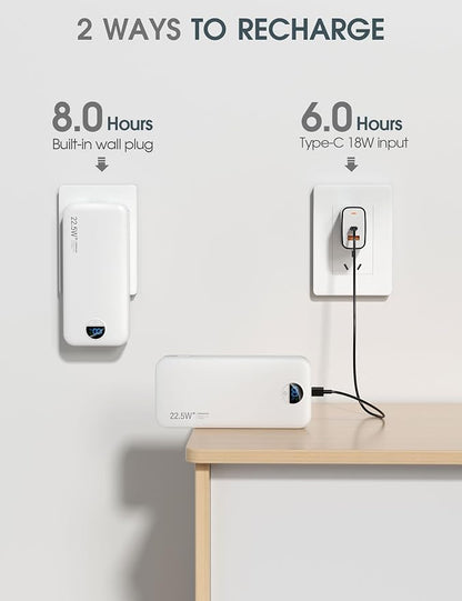 Portable Charger, 20000mAh 22.5W USB C Power Bank Fast Charging with Built-in Cables & Wall Plug, External Battery Pack with LED Display, Travel Essentials Battery Bank for iPhone iPad Samsung White