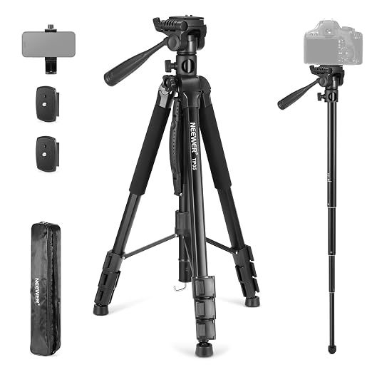NEEWER Basics TP05 74" Video Tripod Monopod, 3 Way Pan Tilt Head Phone Holder Compatible with iPhone DSLR, Travel Recording Stand, Overhead Camera Mount, Crossbar, 17.6lb Load