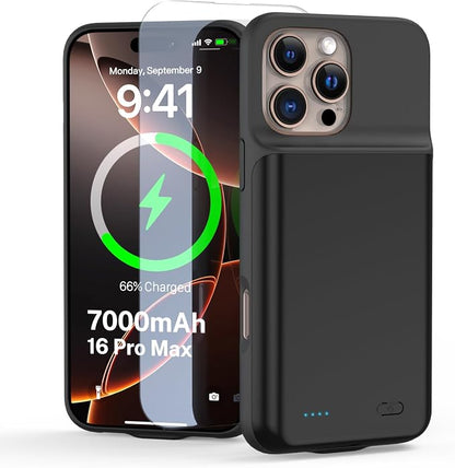Ultra-Slim Battery Case for iPhone 16 Pro Max(6.9 inch),Charging Case Charger 7000mAh Rechargeable Portable Extended Charger Case Cover w/Tempered-Glass Protector - Black