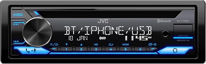 JVC KD-T720BT - CD Car Stereo, Single Din, Bluetooth Audio and Hands Free Calling w External Microphone, CD, MP3, USB, AUX Input AM/FM Radio, High Power Amp, Amazon Alexa Voice Control