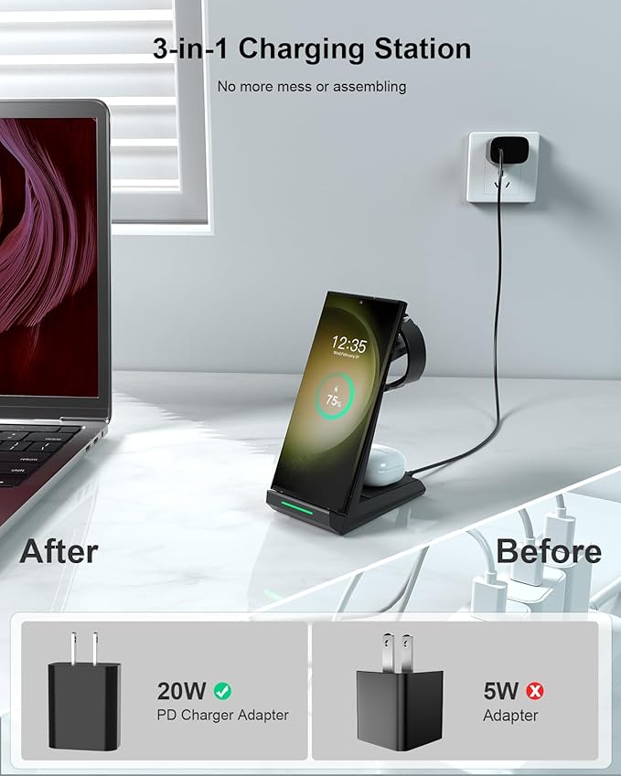Wireless Charger for Samsung - Nanami 3 in 1 Charging Station for Multiple Devices, Fast Charger Stand for Galaxy S26 S25 S24 S23 Ultra S22 Z Flip Fold 7,Galaxy Watch 6/5/5 Pro/4/3, Galaxy Buds 2 Pro