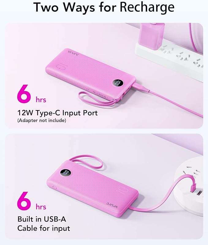 VRURC Portable Charger, Built-in 4 Cables Power Bank 10000mAh, Lightweight USB C Portable Phone Charger, 5 Output 2 Input Compatible with Smart Phones,Samsung,Android etc-Purple(1 Pack)