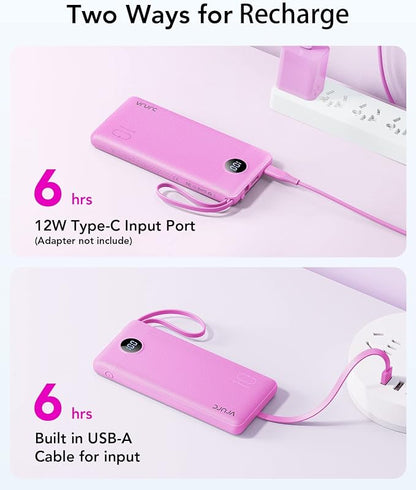 VRURC Portable Charger, Built-in 4 Cables Power Bank 10000mAh, Lightweight USB C Portable Phone Charger, 5 Output 2 Input Compatible with Smart Phones,Samsung,Android etc-Purple(1 Pack)