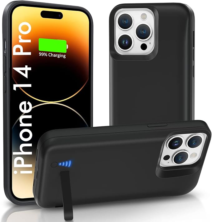 Battery Case for iPhone 14 Pro, Real 6500mAh Extended Charging Case with Kickstand Portable Rechargeable Charger Cover for iPhone 14 Pro (6.1 inch) - Black