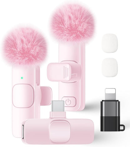 Wireless Lavalier Microphone for iPhone iPad and Android Phone, 2 Pack Lapel Mic Plug and Play Wireless Mic Noise Reduction Microphone for Video Recording Interview Podcast Vlog YouTube Tiktok (Pink)