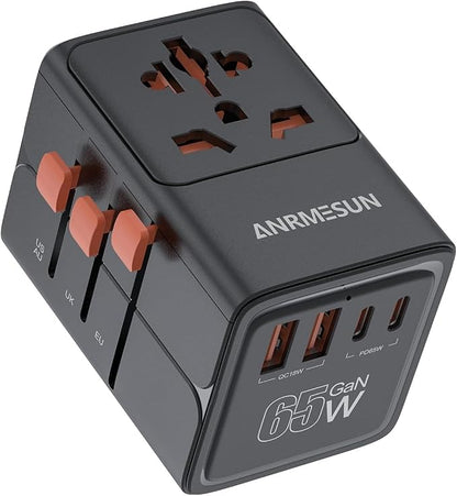 Universal Travel Adapter, International Power Adapter with 2 USB C (GaN 65W) 2 USB A Ports, All in One Worldwide Plug Adapter, Travel Essentials for USA to Europe UK Germany Italy Australia, Black