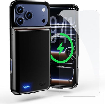 2026 Ultra-Slim Battery Case for iPhone 17 Pro (6.3 inch), Charging Case 7000mAh Rechargeable Portable Extended Charger Case Cover w/Tempered-Glass Protector - Black