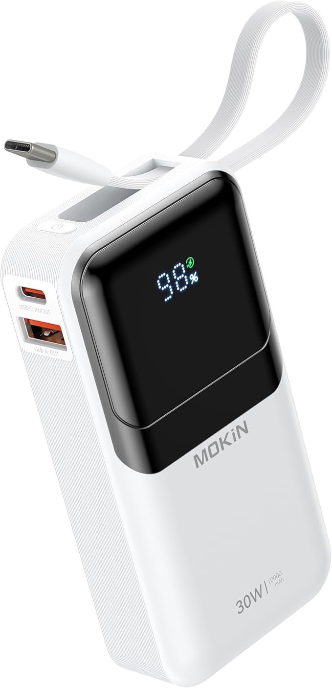 MOKiN Portable Charger, 10000mAh 30W Power Bank Fast Charging, Phone Battery Pack with Built in Cable, 4 Outputs, Travel Compact Powerbank USB C for iPhone iPad Pro MacBook Air Samsung