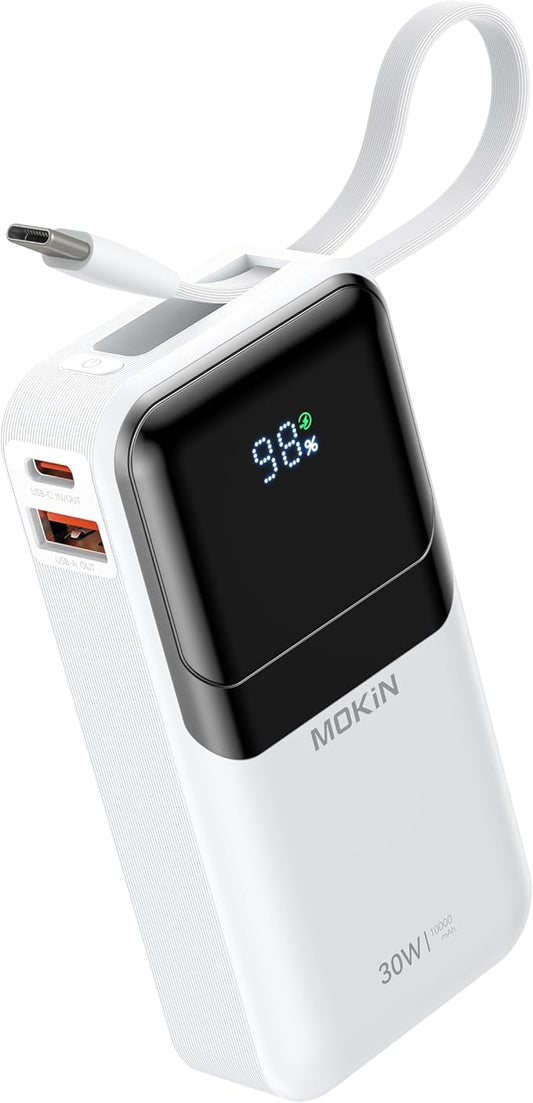 MOKiN Portable Charger, 10000mAh 30W Power Bank Fast Charging, Phone Battery Pack with Built in Cable, 4 Outputs, Travel Compact Powerbank USB C for iPhone iPad Pro MacBook Air Samsung