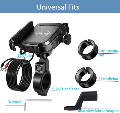 iMESTOU Motorcycle Phone Mount USB Charger Handlebar/Rear-View Mirror Cellphone Holder Aluminum with 17mm Ball Works with 12/24V Motorcycles Quick Charge for 4.0-6.8 Inch Smartphones (USB Type)