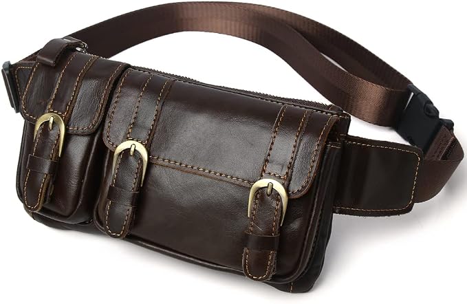 Vintage Leather Waist Bag Fanny Pack for Men Women Hip Bum Bag Belt Slim Cell Phone Purse Wallet Vintage Retro Crossbody Sling Pouch Brown