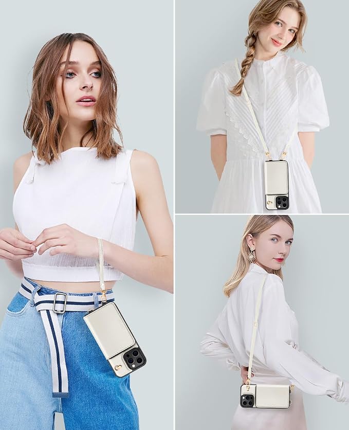 OCASE Compatible with iPhone 16 Pro Crossbody Wallet Case with Card Holder, PU Leather Zipper Handbag Phone Purse with RFID Blocking Kickstand Wrist Strap Lanyard 6.3 Inch, Cream
