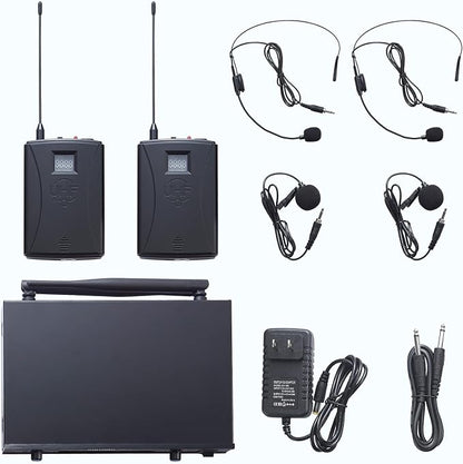 Dual Channel UHF Wireless Microphone System, 2x30 Adjustable Frequencies, Lavalier & Headset Microphone System for Meeting, Church, 300ft Range (2 Bodypack)