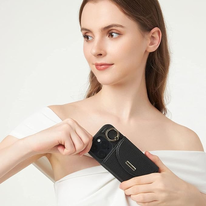 Keallce Wallet Case for iPhone 15 Pro 6.1'', Flip Case with Card Slots, Ring Holder Kickstand, PU Leather Protective Folio Cover for Women, Black