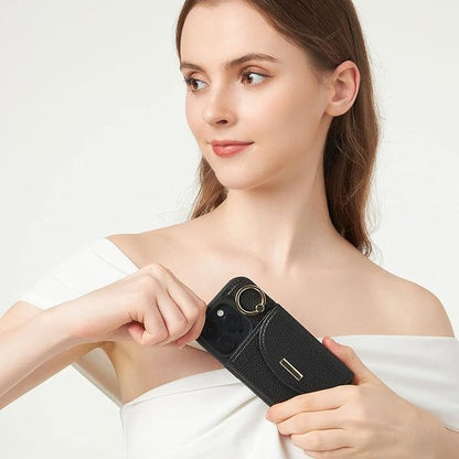 Keallce Wallet Case for iPhone 15 Pro 6.1'', Flip Case with Card Slots, Ring Holder Kickstand, PU Leather Protective Folio Cover for Women, Black