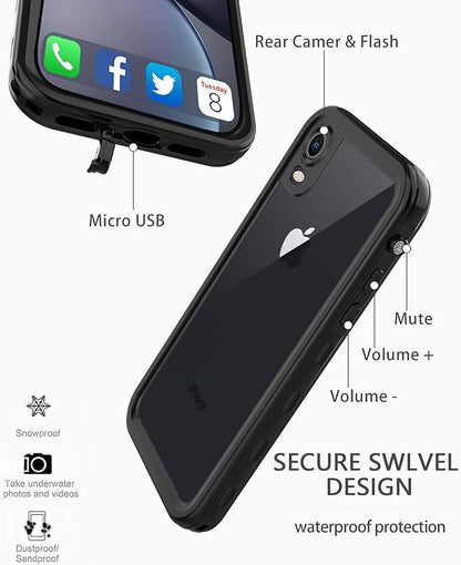 for iPhone XR Waterproof case Life Snowproof Dirtproof Shockproof Cover … (Black/Clear)