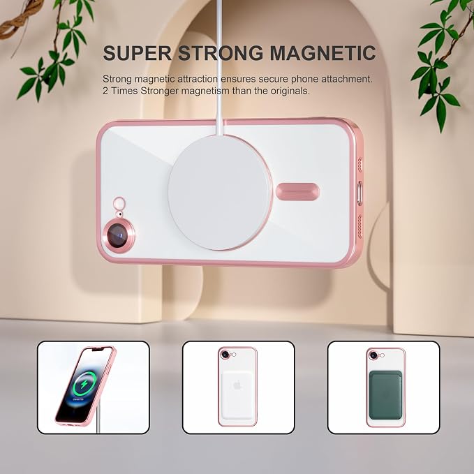 Misea Magnetic for iPhone 17e / 16e Case Compatible with MagSafe [Never Yellowing] [Military Grade Drop Protection] Full Camera Lens Protector Plating Soft Clear Phone Case for Women 6.1 inch, Pink