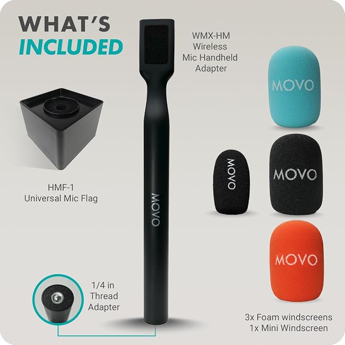 Movo WMX-HM Wireless Microphone Handle for Interviews – Handheld Adapter for DJI Mic, RODE Wireless GO, & More – Includes Mic Flag – for Creators, Journalists & Youtubers