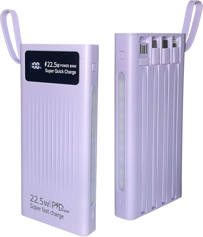Portable Charger with Built in Cables,Mandarooker 10000mAh Power Bank with LED Lamp Fast Charging USB C External Battery Pack Phone Charger with LED Display for iPhone, Samsung and Cell Phones(Purple)