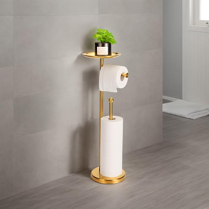Standing Toilet Paper Holder Gold, TP Holder with 6.7" Phone Shelf, Holds 5 Rolls, Stainless Steel (Gold)