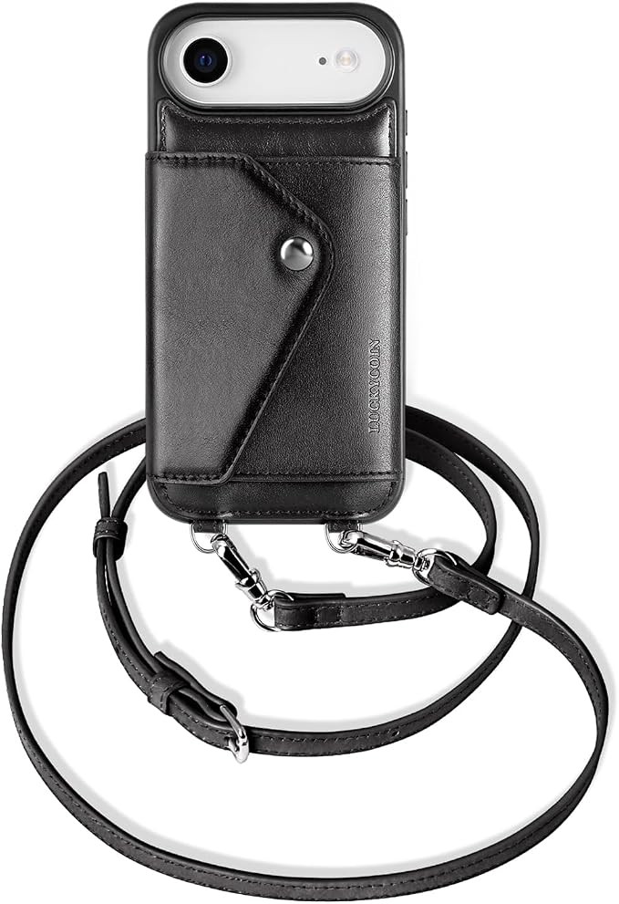 LUCKYCOIN for iPhone Air Crossbody Wallet Case – Genuine Leather Phone Purse with Adjustable Strap and Card Holder,Lanyard Phone Purse Case for Women,Vintage Black
