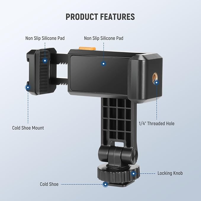 Neewer Basic Phone Tripod Mount Holder with 1/4" Thread & Cold Shoe, 2.36"-3.54"/6-9cm 360° Rotatable Camera Mount Cellphone Clamp for iPhone 15 14 13 12 11 Pro Max X XR Samsung S24 Ultra, SP-10