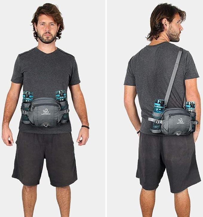 WATERFLY Fanny Pack Waist Bag: Fannie Pack 2 Water Bottle Holders Lumbar Belt Hiking Walking Running Jogging Camping Large Woman Man (Bottle Not Included)