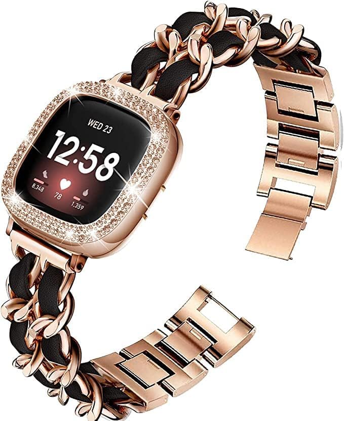 Stainless Steel Bands Compatible for Fitbit Versa 4/Fitbit Sense 2 Smartwatch With Bling Case Cover,Chic Leather Metal Wristband Accessories Strap for Women Bracelet (Rose Gold, Versa 3/Sense)