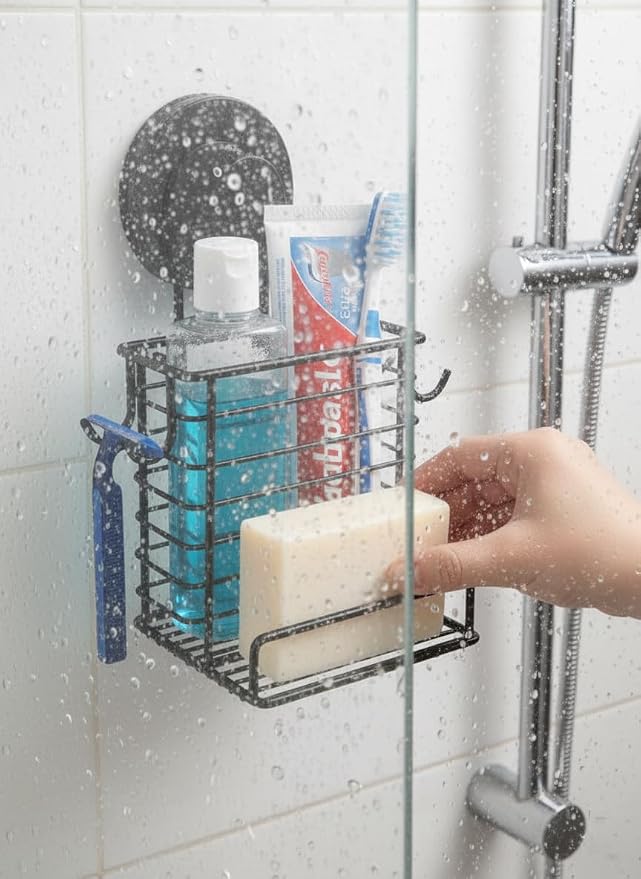 Toothbrush Holder Suction Cup Wall Mounted Toothpaste and Toothbrushes Holder Shelf for Soap Dish or Phone Powerful Vacuum System Rustproof Stainless Steel Organizer Electric Toothbrush (Black)