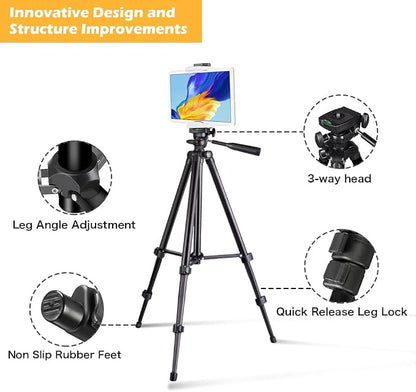 Phone Tripod, 50” Extendable Adjustable Smartphone & Tablet Tripod Stand with Mount & Remote, Compatible with Tablet/Cell Phone/Camera (Black)