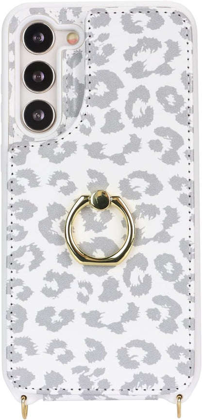 Lipvina for Samsung Galaxy S22 Case with Card Holder and Strap for Women,Crossbody Lanyard,RFID Blocking,Ring Stand,Snap Clasp,Cute Phone Wallet Cases 6.1 inch(White Leopard)