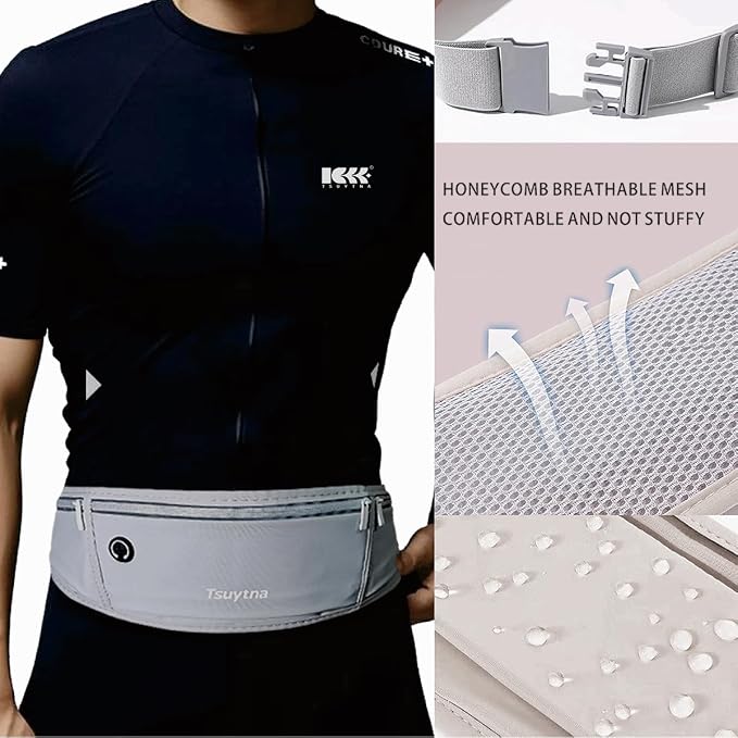 Running Belt for Women & Men - Slim Phone running belt with Water-Resistant Phone Holder, 3 pockets Adjustable Waist Strap, Reflective Safety Design for Running, Hiking, Travel，Fitness (Grey)
