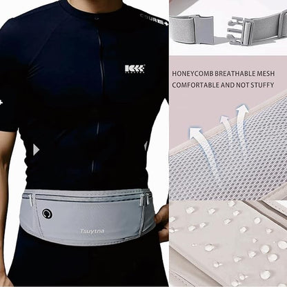 Running Belt for Women & Men - Slim Phone running belt with Water-Resistant Phone Holder, 3 pockets Adjustable Waist Strap, Reflective Safety Design for Running, Hiking, Travel，Fitness (Grey)