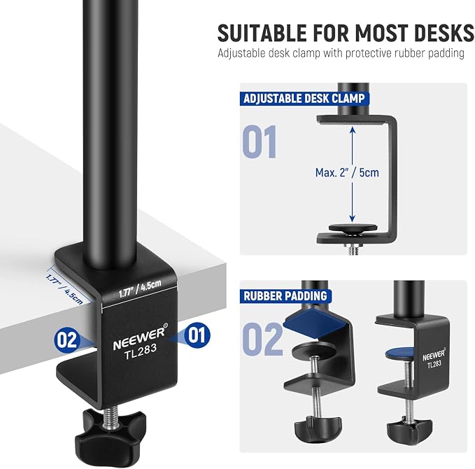 NEEWER Camera Desk Mount with Phone Holder & 360° Ball Head, 17"-40"/43-102cm Telescopic C Clamp Table Light Stand 1/4"Screw, Desktop Stand 6.6lb/3kg Max Load for DSLR Camera, Webcam, Ring Light,TL283