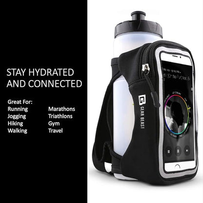 Gear Beast Running Water Bottle - 23 oz Reusable, Portable Water Bottle for Running, Walking, Hiking, Gym and Travel w/Zippered Phone Holder