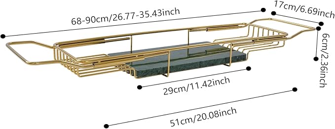 Expandable Bathtub Tray Caddy for Luxury Bath, Extra Wide Acrylic Tub Tray with Natural Marble Board, Waterproof Bath Tub Shelf for Phone, Wine, Book, Tablet Stand - Ideal Home Spa (Gold, Green)