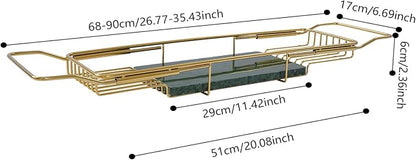 Expandable Bathtub Tray Caddy for Luxury Bath, Extra Wide Acrylic Tub Tray with Natural Marble Board, Waterproof Bath Tub Shelf for Phone, Wine, Book, Tablet Stand - Ideal Home Spa (Gold, Green)