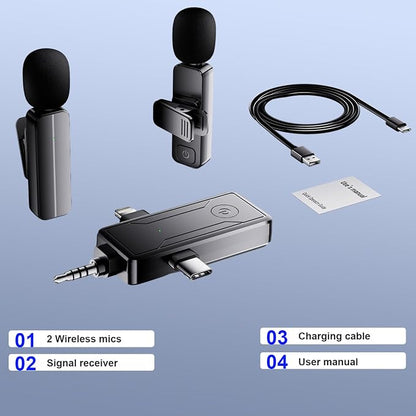2-Pack Wireless Mini Lavalier Lapel Microphone for iPhone,Android Device(3 in 1) - 65ft Cordless Clip on Dual Mics with Noise Reduction 6H Working Time for Video Recording Vlogging, YouTube, Interview