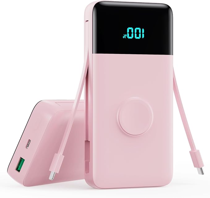 Portable Charger Power Bank 40800mAh with Built-in Cables,25W Fast Phone Charging Portable Battery Pack,5 Outputs Travel Essentials Outdoor External Battery for iPhone 17/16,Galaxy Android etc-Pink